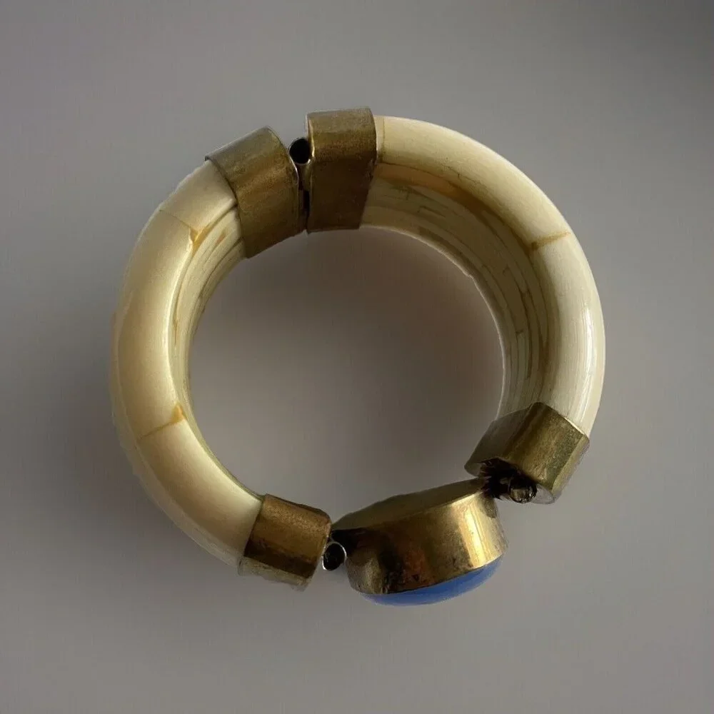 Vintage Bone Brass Agate Bracelet Blue Tribal Bangle Hinge Statement Chunky Boho